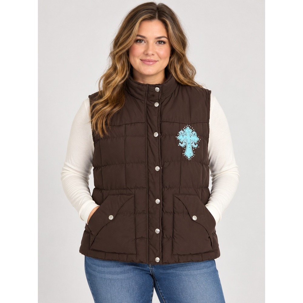 Cowgirl Hardware Brown Puffer Vest Turquoise Rhinestone Cross Western XL